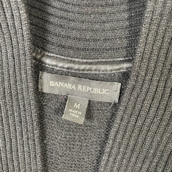 Banana Republic Black Open Front Cardigan Faux Leather Pockets Wool Blend Size M - Picture 14 of 16